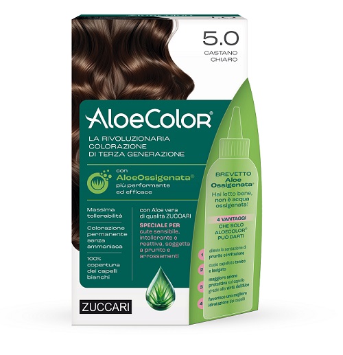ALOECOLOR 5,0 CASTANO CHIARO TINTA PERMANENTE CAPELLI COLORE AD ALTA PIGMENTAZIONE 50 ML + RIVELATORE ALOEOSSIGENATA 75 ML + SHAMPOO ALOECARE 15 ML + GUANTI - FARMACIA33